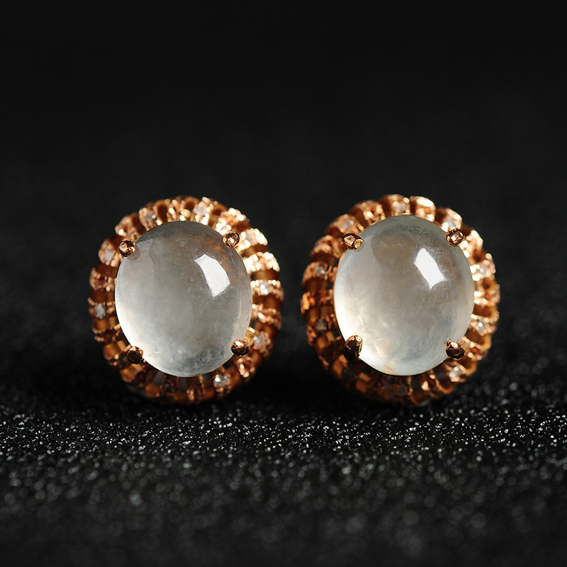 翡翠冰种耳钉18k镶嵌玉石蛋面耳坠女款镂空耳环圆形耳饰品带证书送女