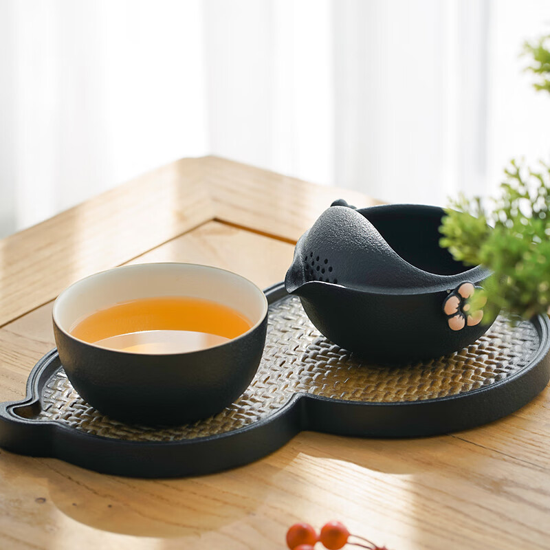 万仟堂(EDENUS) 快客杯旅行便携茶具一壶一杯套装女性茶具简易茶具黑铁釉 梅花客高清大图