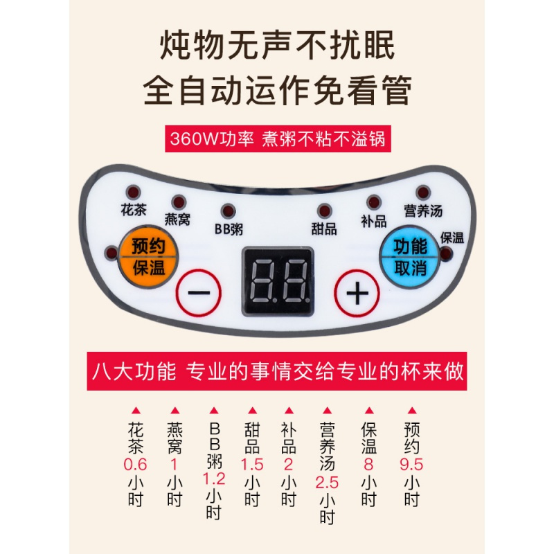 纳丽雅 1-2L 陶瓷内胆 自动断电功能 电炖锅