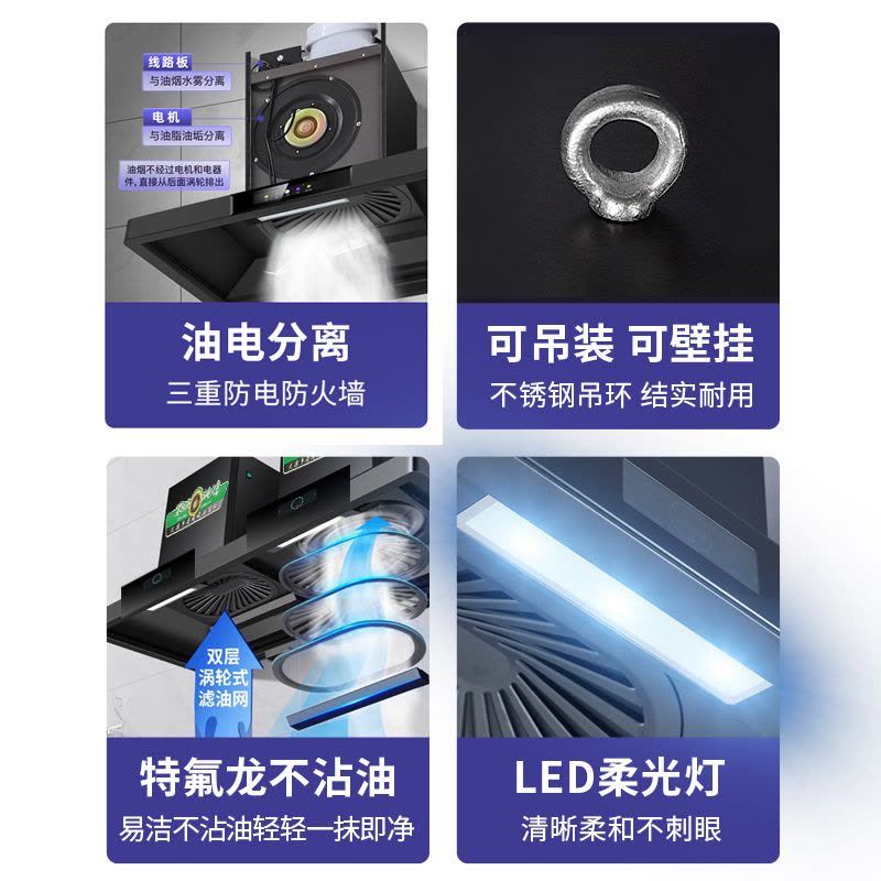 [2400W免清洗]欢呼好太太商用抽油烟机大吸力T型塔型顶吸式饭店员工食堂农村土灶柴火灶吸油机双机头黑色2米自行安装图片