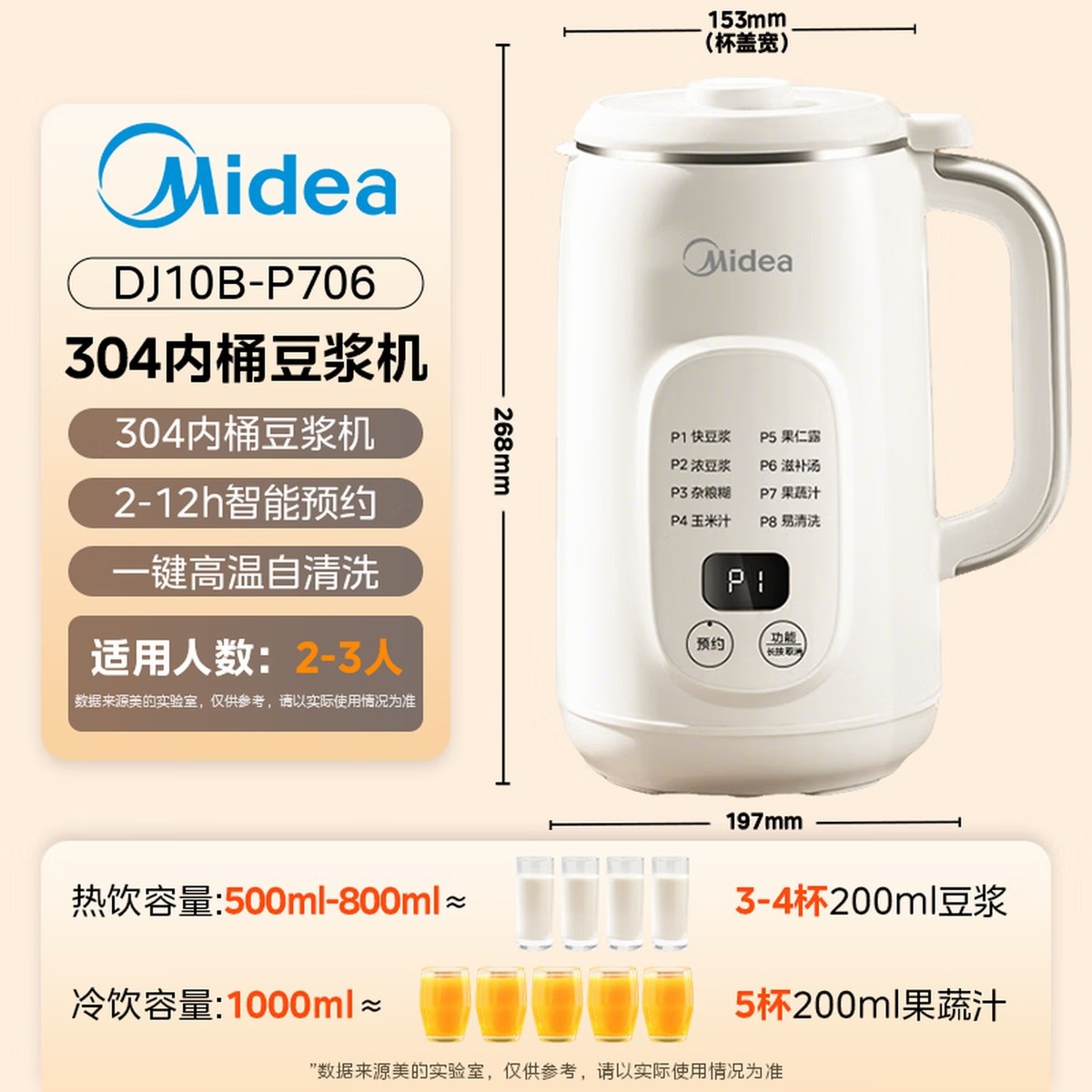 美的(Midea)豆浆机破壁机1L容量2-3人 全自动免洗新款无渣 小型家用多功能榨汁机料理机 一键清洗P706