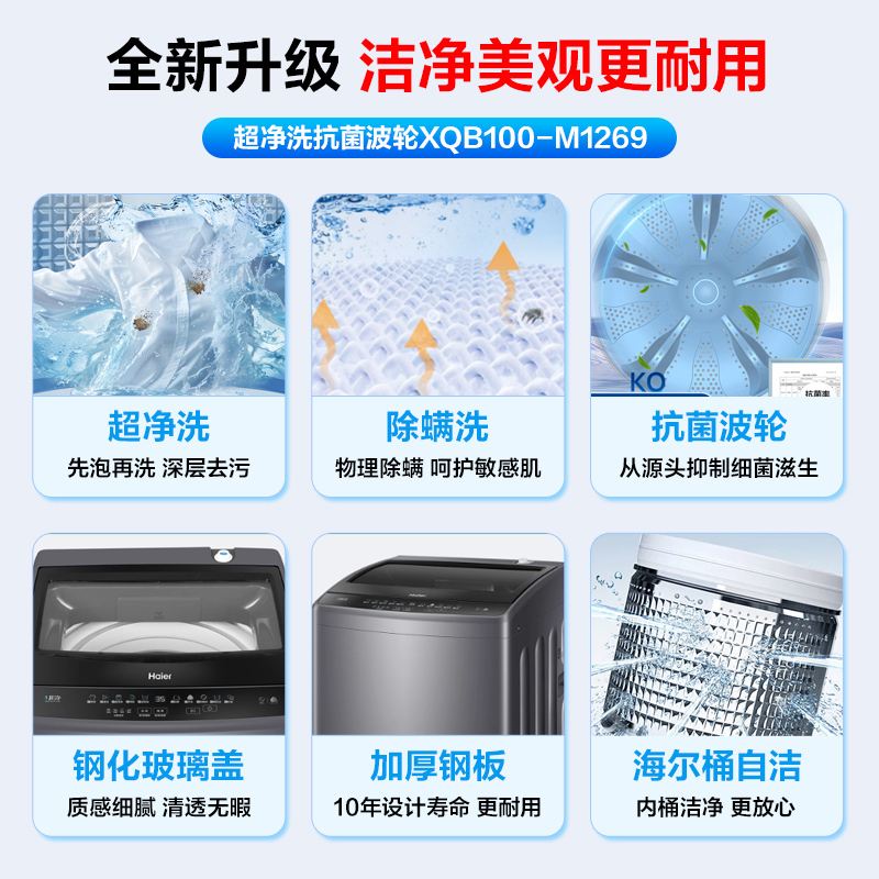 海尔(Haier)10公斤 大容量 全自动 波轮洗衣机 除螨洗 钢化玻璃上盖 政府补贴 XQB100-M1269高清大图