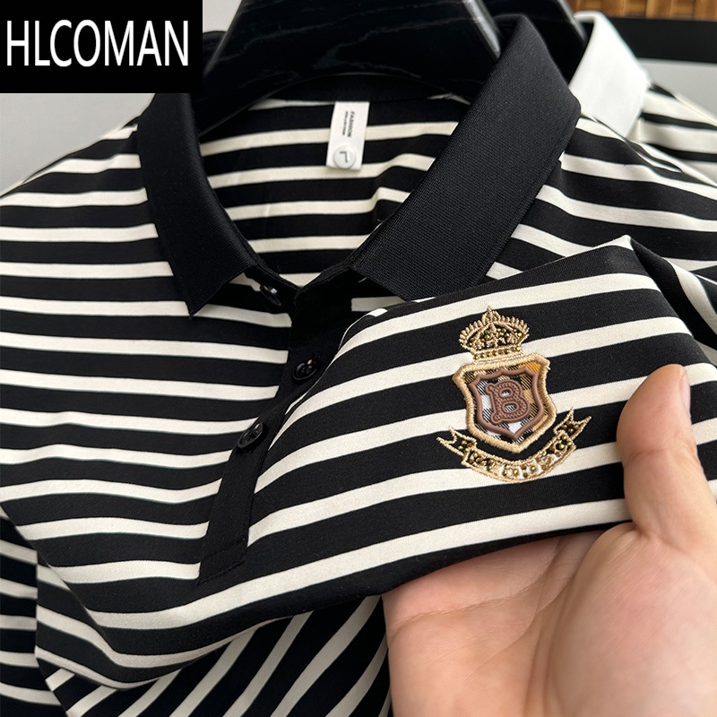 hlcoman高端刺绣polo衫男2024新款夏季条纹男士短袖t恤翻领半袖上衣