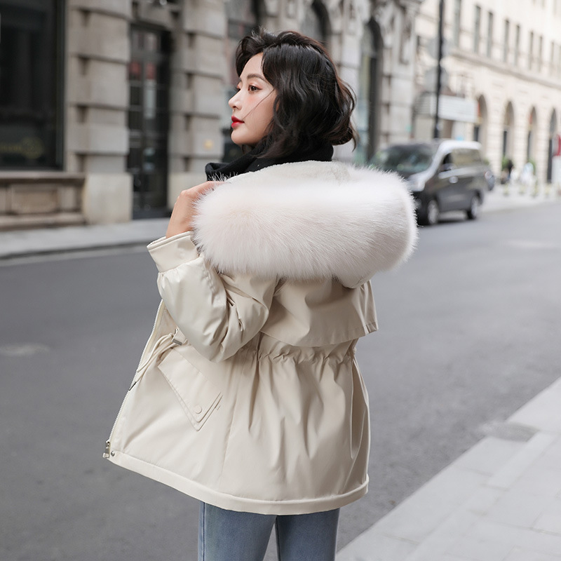 2023年冬装新款可拆卸毛领宽松连帽抽绳加绒加厚派克服显瘦外套女 白色 M