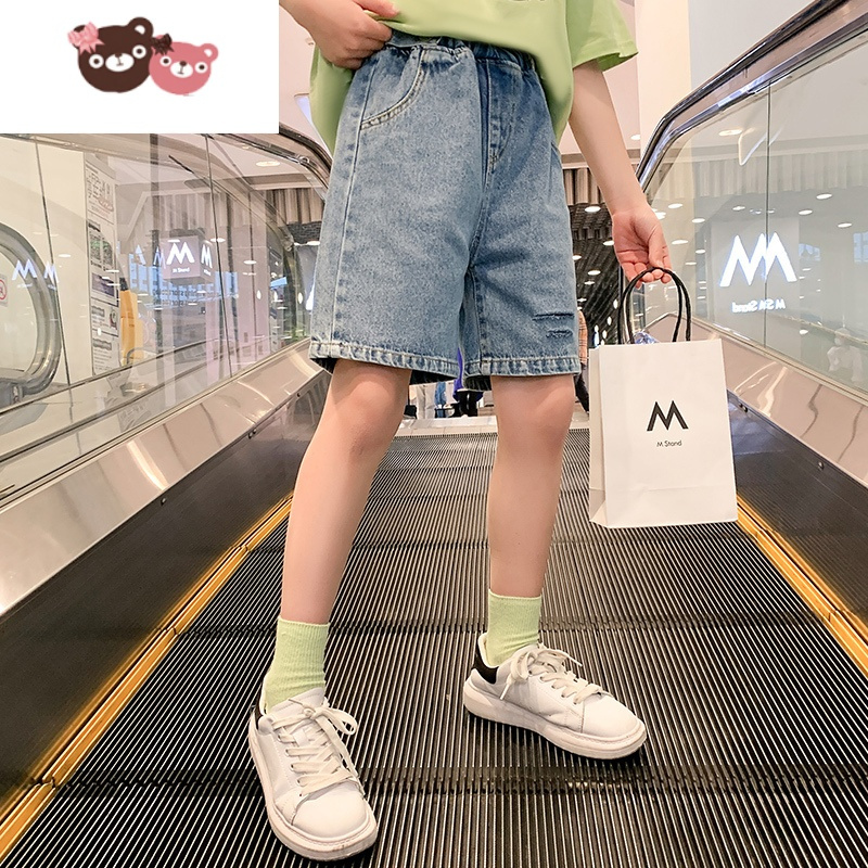 绿彩虹光女童牛仔短裤夏装2022新款童装夏洋气时髦中大童女孩儿童裤子夏季