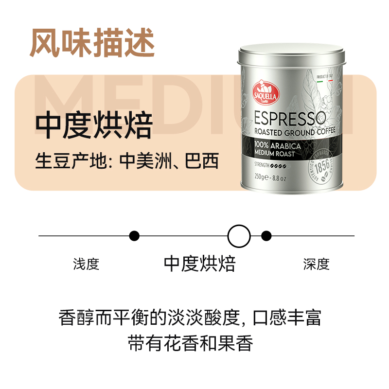 意大利进口圣贵兰中度/深度烘焙纯黑苦咖啡粉250g罐装阿拉比卡意式浓缩咖啡高清大图
