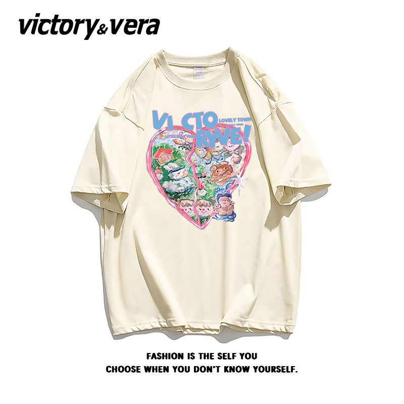 VICTORYVERA复古纯棉爱心原宿风短袖t恤夏季ins甜美BF半袖上衣服