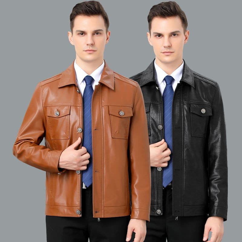 正品春秋装新款海宁山羊皮真皮皮衣男士夹克潮流新款帅气机车皮夹克外套羊皮皮衣男真皮外套潮短款翻领软皮夹克男装大码外套正品图片