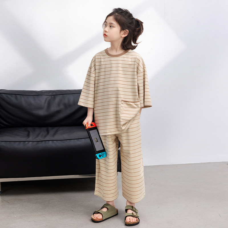 儿童条纹睡衣套装2025新款男童夏季家居服九分裤两件套中大童睡裤