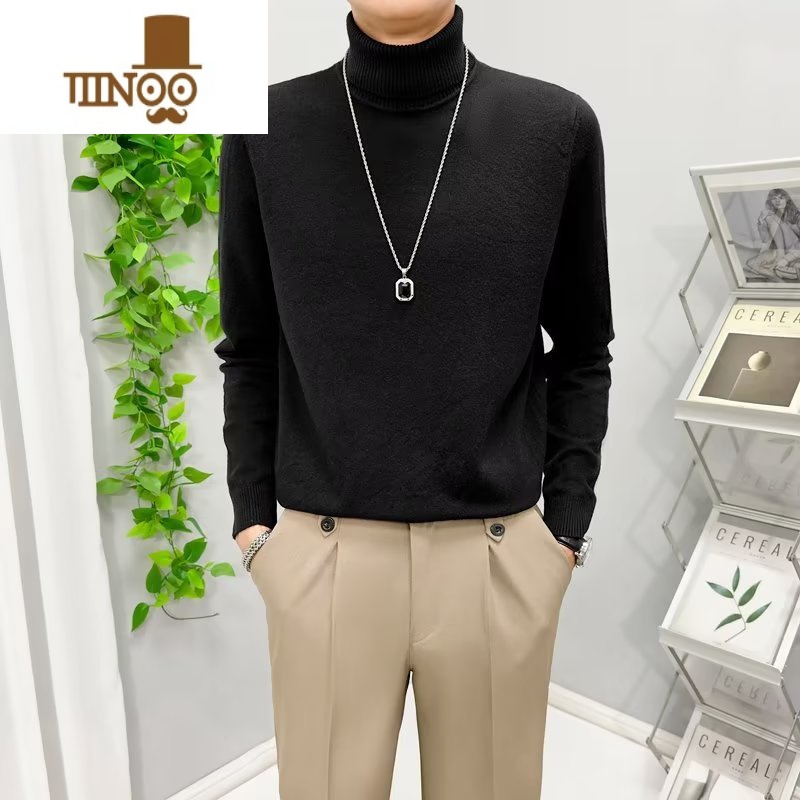 YANXU高领毛衣男宽松黑色内搭打底衫2023新款韩版潮长袖翻领针织衫高清大图