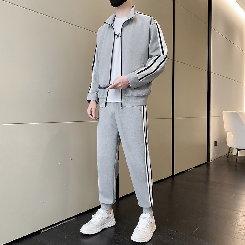 啄木鸟高端运动套装男士新款春秋开衫卫衣外套休闲裤搭配一套男装 617浅灰套装 M