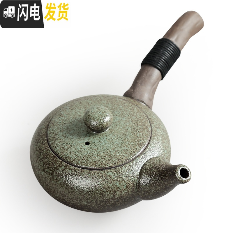 三维工匠丨粗陶侧把壶 日式功夫茶壶 酒精炉煮茶壶 复古陶瓷茶具 福器迎春壶(雅黑)