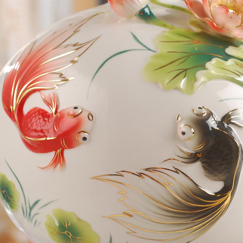 金玉满堂景德镇陶瓷花瓶摆件客厅插花装饰品家居摆设大瓷器珐琅彩 三维工匠 莲鲤花瓶加底座加礼盒高清大图
