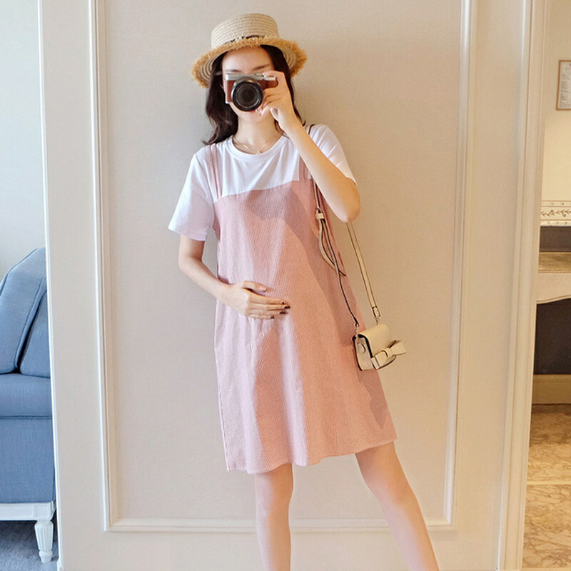迪鲁奥(DILUAO)孕妇装夏装短袖连衣裙新款韩版中长款宽松大码条纹孕妇裙子上衣时尚百搭A版短袖遮肚显瘦怀孕期A字裙T恤