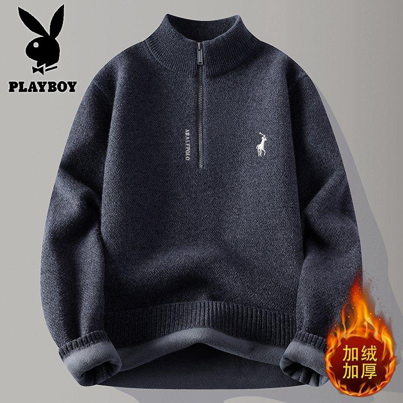 花花公子新款高品质【新款】2025年冬半高拉链领针织毛衣男 灰色 190