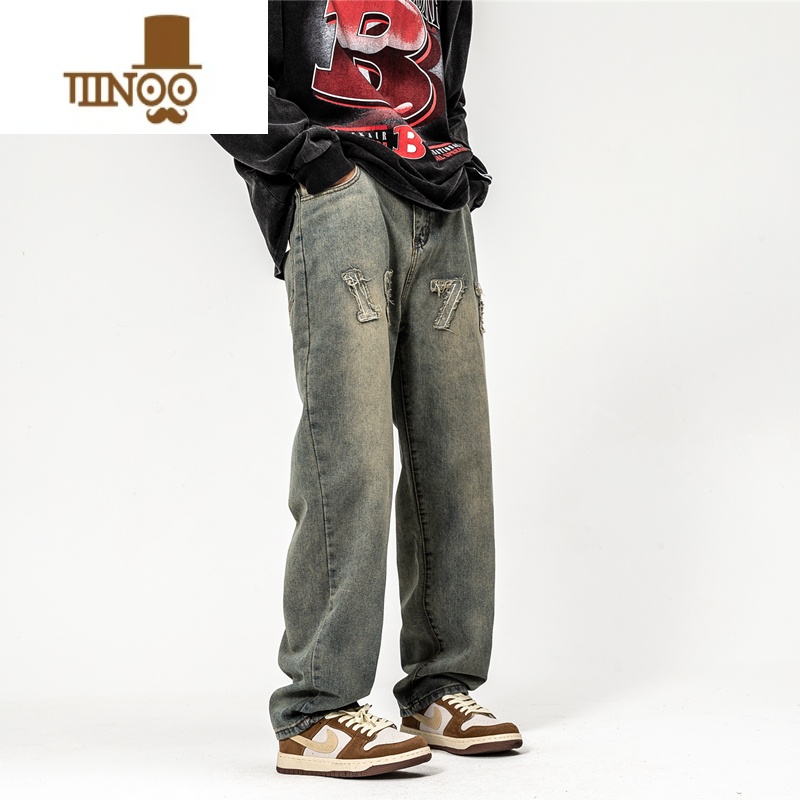 YANXU秋季1977牛仔裤男款宽松直筒长裤ins高街潮西海岸美式hiphopi9高清大图