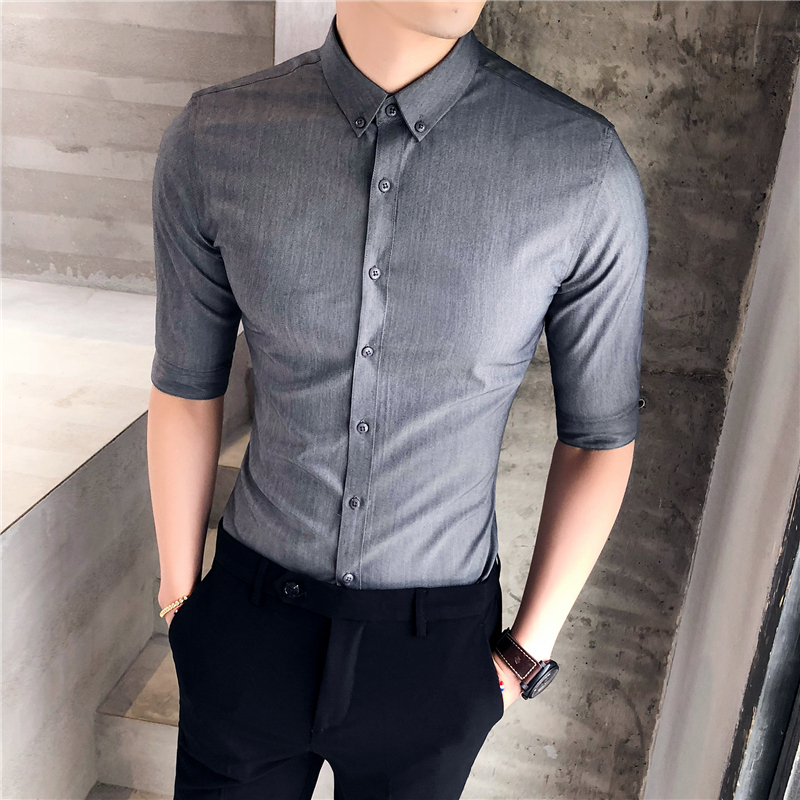 五分袖衬衫男士夏款中袖半袖宽松5分五分韩版衬衣男2018新款时尚