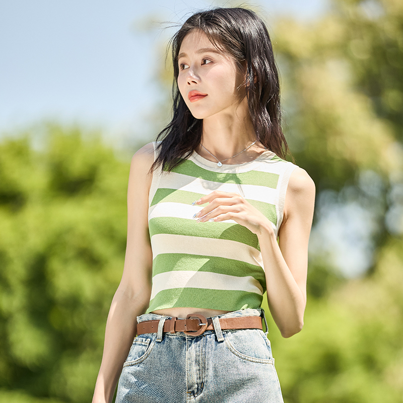 唐狮夏季新款吊带背心女内搭工字条纹无袖上衣小针织打底白色