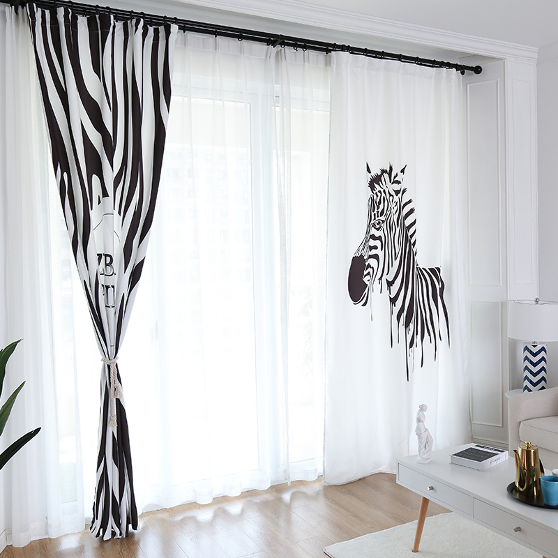 北欧风ins黑白斑马条纹窗帘半遮光客厅遮阳个性创意印花窗帘艺术高清大图