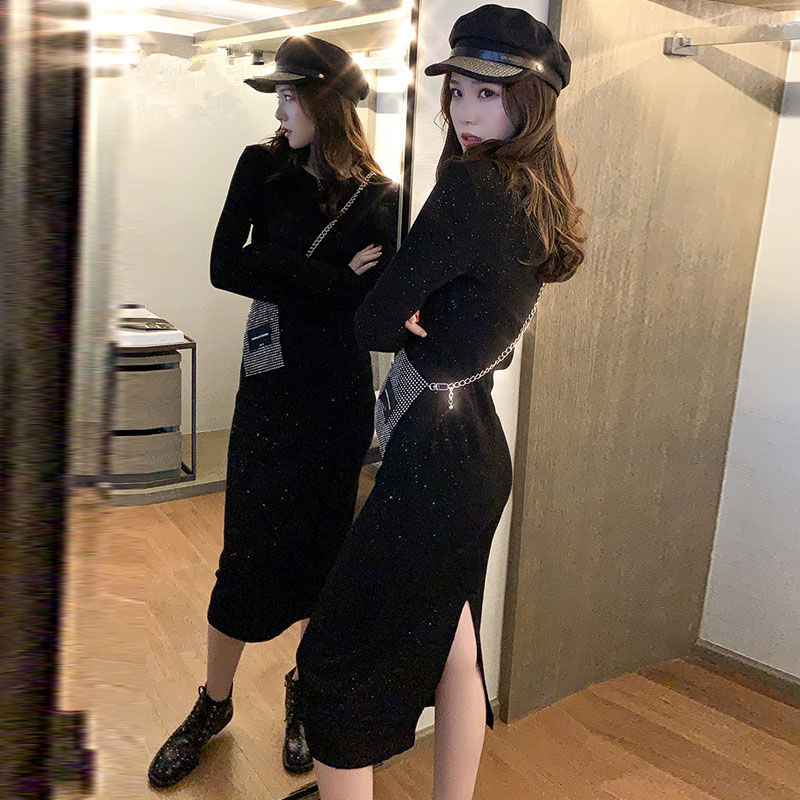 2020秋季新款闪亮黑色针织连衣裙女中长款过膝开叉一步打底裙潮h5455l