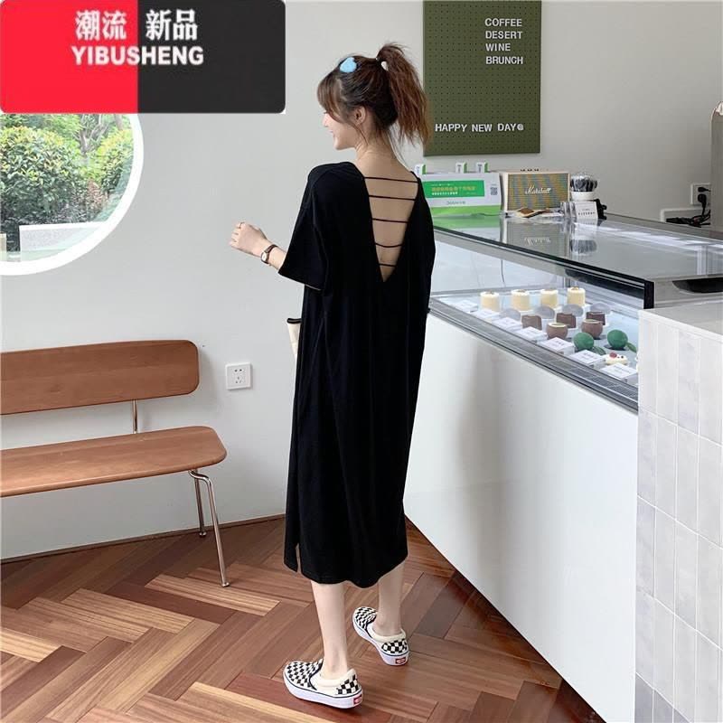 YIBUSHENG慵懒风特大码300斤季韩版短袖胖MM遮肉条纹露背长款T恤连衣裙女图片