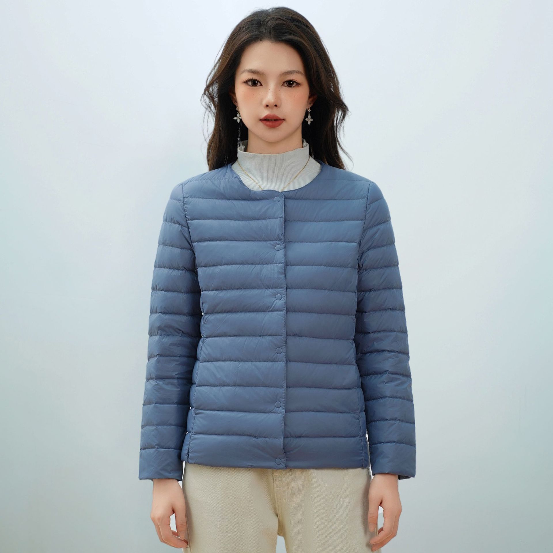 女式新国标90绒新款纯色女装圆领V领简约长袖羽绒服外套 雾霾蓝 L