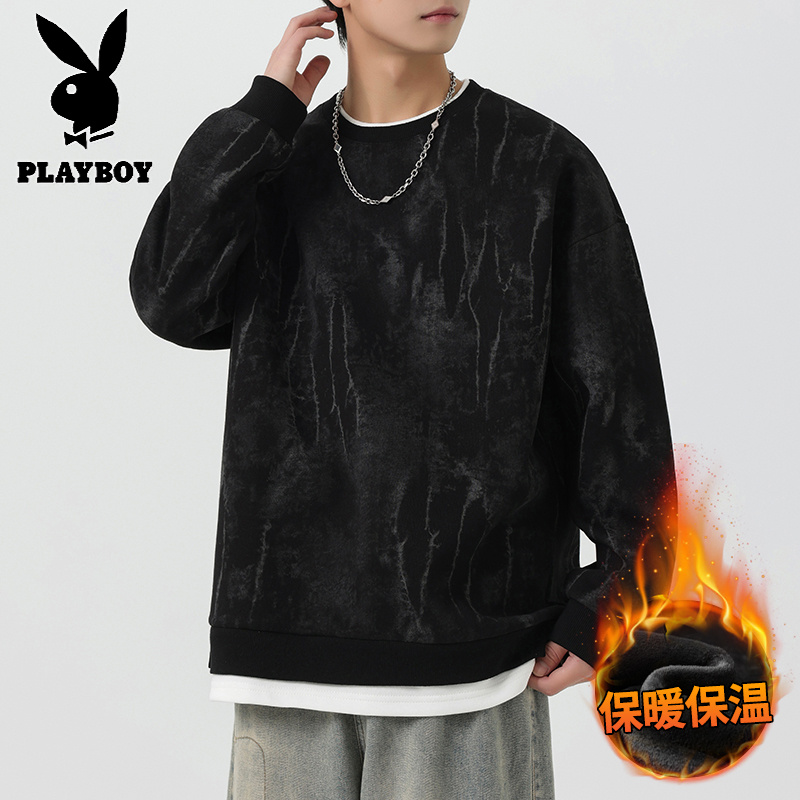 花花公子新款高品质加绒重磅圆领卫衣男2025秋冬新款假两件拼接扎染宽松休闲上衣_415高清大图