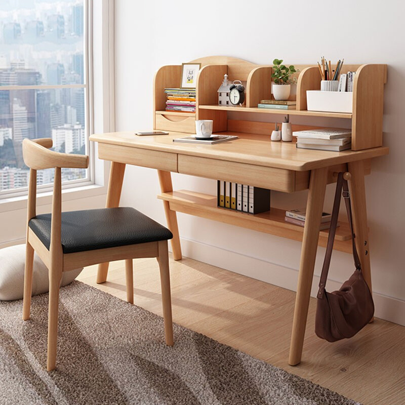 绵冠(MIANGUAN)家用电脑桌带书架北欧简约ins 写字台初中生带抽屉学习桌+牛角椅 1米原木色