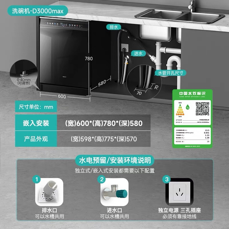 华帝(vatti)[小飞碟Max]18+2套洗碗机嵌入式 双子星D3000Max 家用变频全域洗涤除菌 一级水效高清大图
