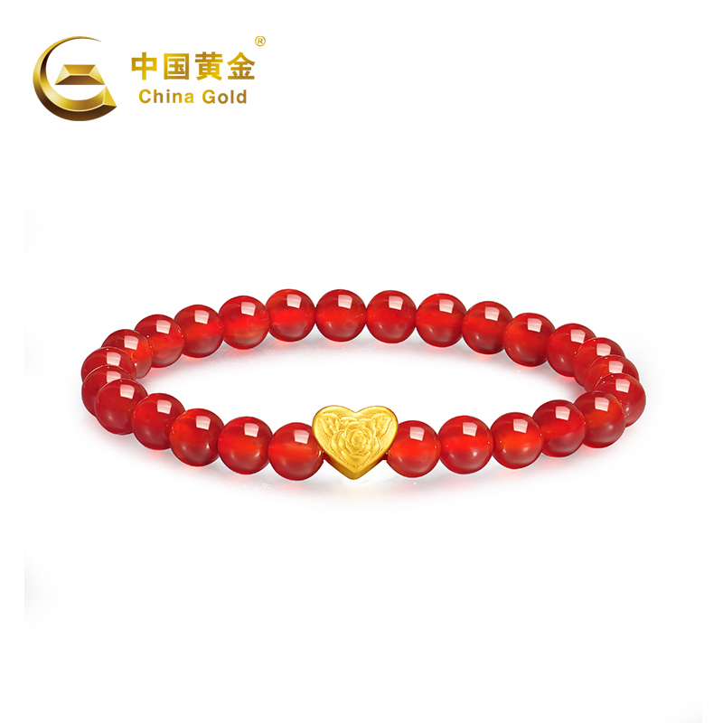 中国黄金 足金爱心玉髓（红玛瑙）手串