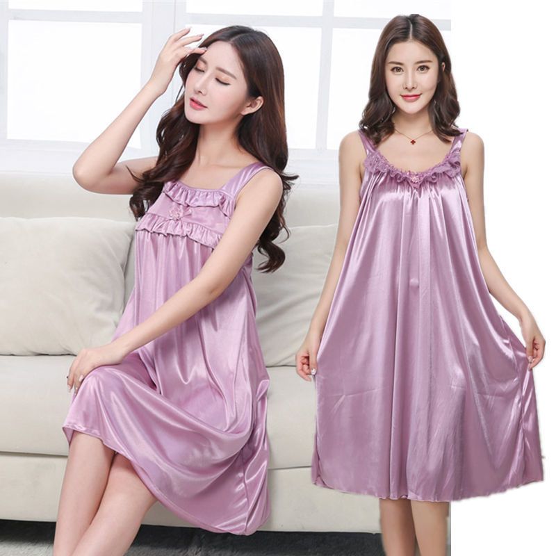 性感冰丝睡衣女夏吊带短袖加肥加大码睡裙中年妈妈真丝薄款连衣裙