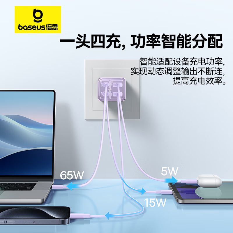 倍思氮化镓充电器100W六代套装Type-C多口快充头PD线适用MacbookPro笔记本苹果15华为小米手机平板 紫高清大图