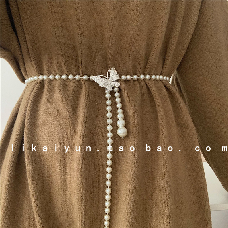 ins甜美珍珠腰带女时尚装饰配连衣裙子毛衣加长打结收腰腰链百搭一