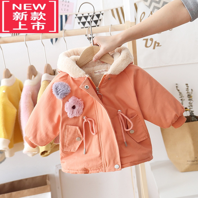 可莉允女童派克服2022新款儿童外套秋冬装宝宝加绒棉服中长款抽绳厚棉衣