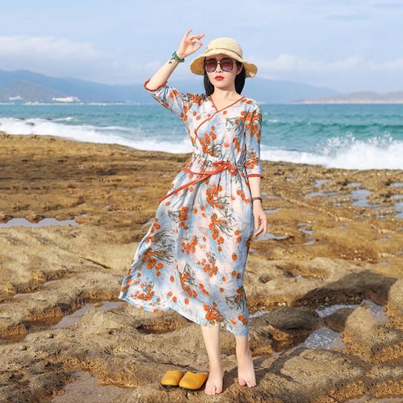 新款2021夏季旅行文艺印花气质显瘦V领系带收腰仿苎麻宽松连衣裙 天蓝色 S [建议80-95]