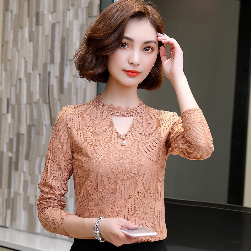 长袖蕾丝衫秋装韩版新款女装小衫修身显瘦勾花镂空打底衫上衣