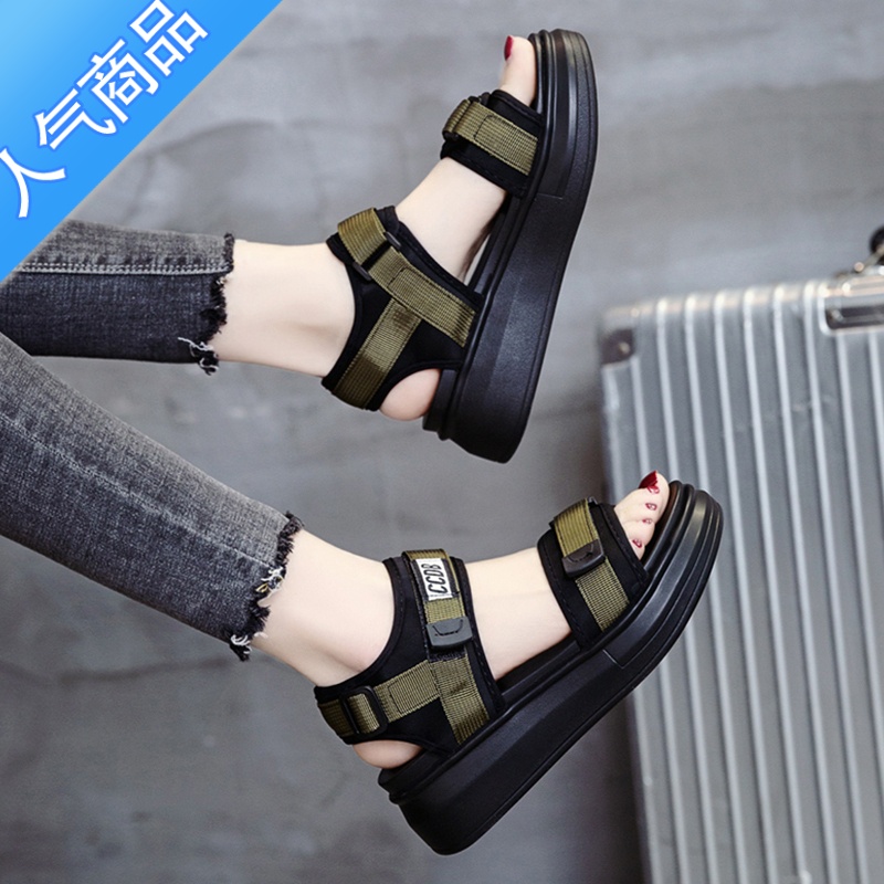 SUNTEK老爹运动凉鞋女夏2023年新款松糕厚底坡跟平底学生休闲度假沙滩鞋高清大图