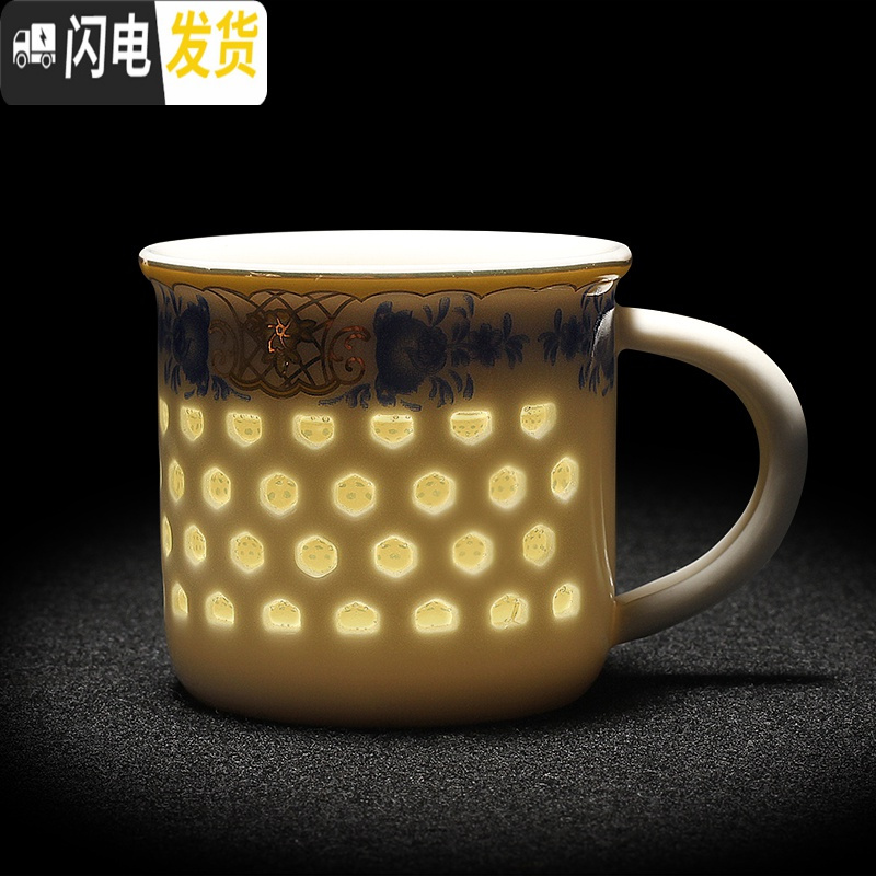 三维工匠青花瓷蜂窝镂空玲珑整套陶瓷功夫泡茶壶茶杯茶海茶具套装家用 10头玲珑盖碗+主人杯-向阳花 10件