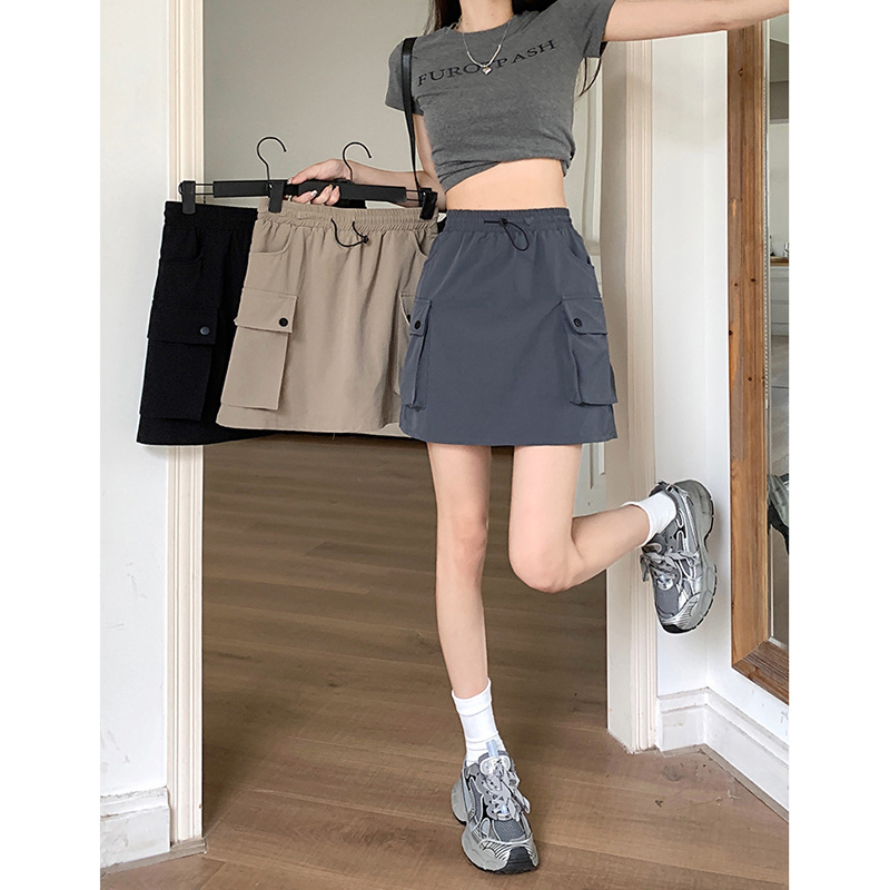 松紧腰抽绳工装半身裙女夏季2025新款辣酷高腰设计感小众A字短裙