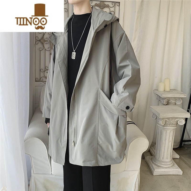 YANXU连帽中长款薄款风衣男英伦风ins潮宽松百搭工装休闲大衣外套高清大图
