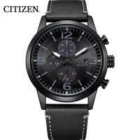 西铁城(CITIZEN)手表男日本官方正品皮带运动防水光动能计时男表 黑带三眼黑盘小牛皮男表CA0617-29E