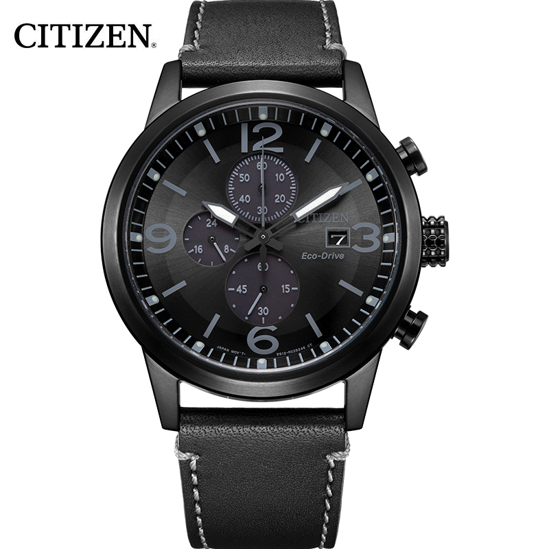 西铁城(CITIZEN)手表男日本官方正品皮带运动防水光动能计时男表 黑带三眼黑盘小牛皮男表CA0617-29E