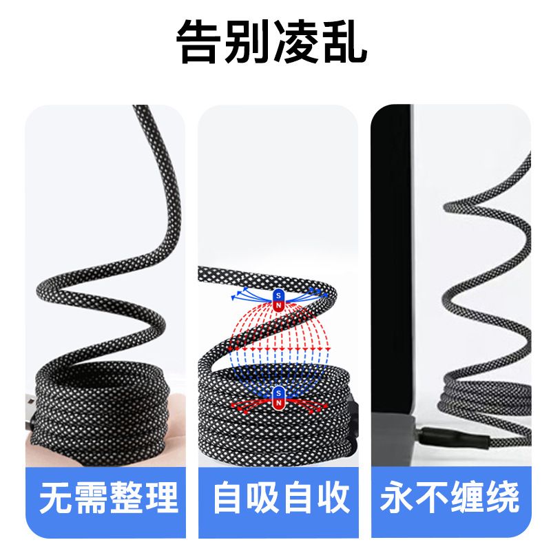 超级快充自动收纳磁吸线适用华为苹果安卓手机6A大电流数据线-磁吸Typec装Typec;一米一条装【盒装】-高清大图