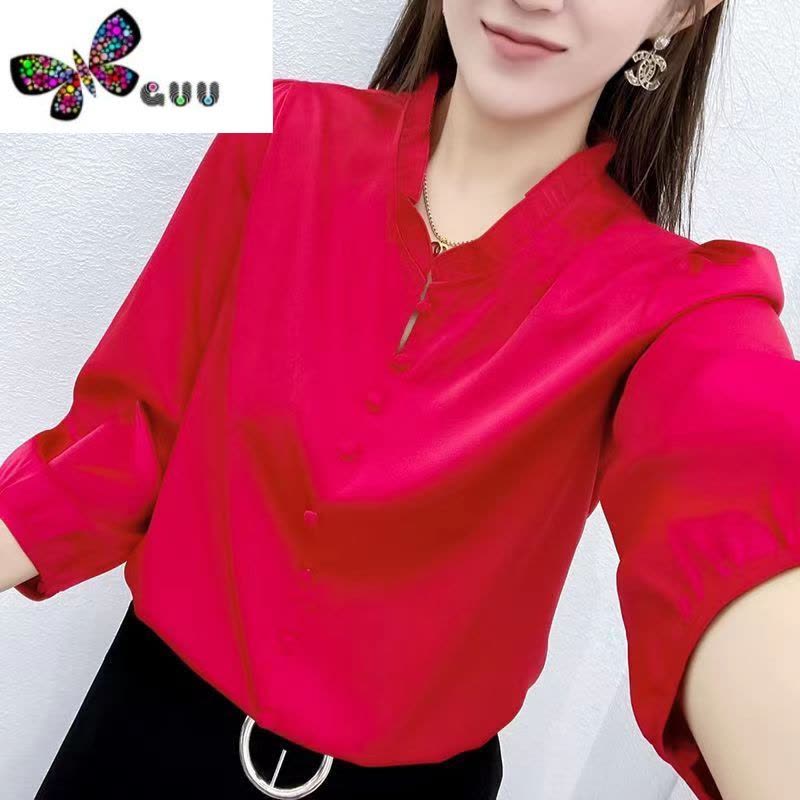 语娄秋季女士衬衫上衣衬衣长袖V领宽松气质木耳边简约女士长袖小衫图片