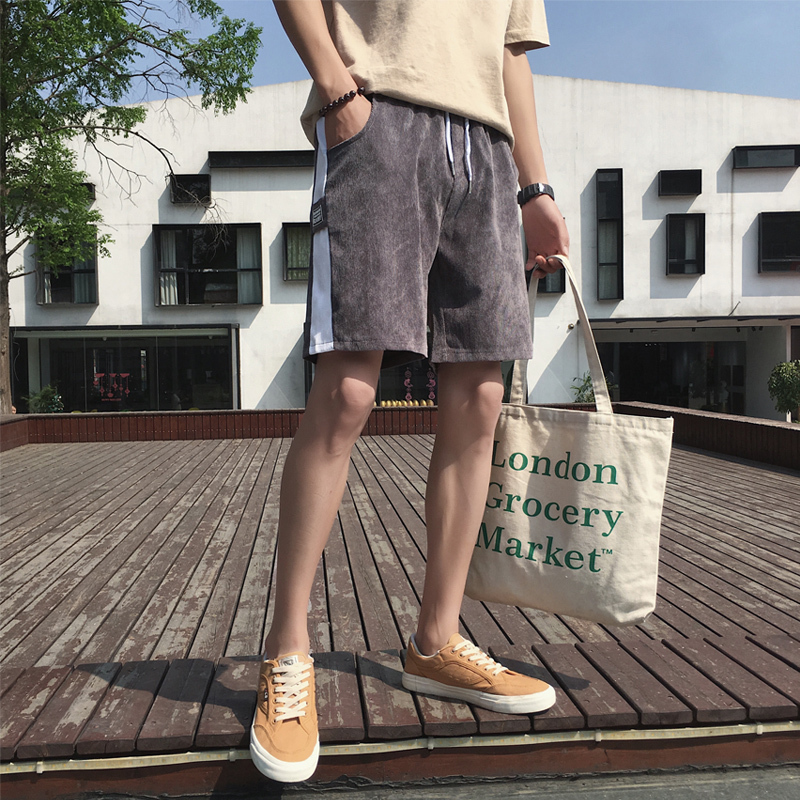 夏款灯芯绒短裤中袖裤男士裤子潮港风休闲裤夏天沙滩裤七分大裤衩