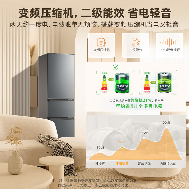 美菱冰箱离子净210升 BCD-210L3CR2X典雅灰 三门三开门多门家用小型冰箱中门软冷冻高清大图