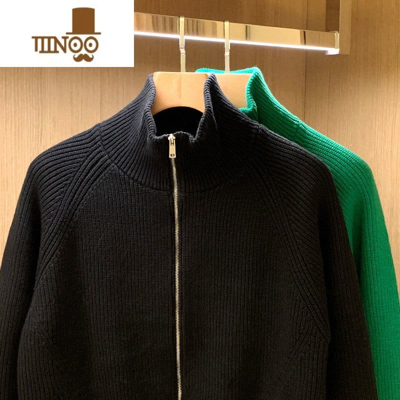 YANXU欧美简约绿立领拉链针织开衫男冬季加厚加绒半高领毛衣外套男图片