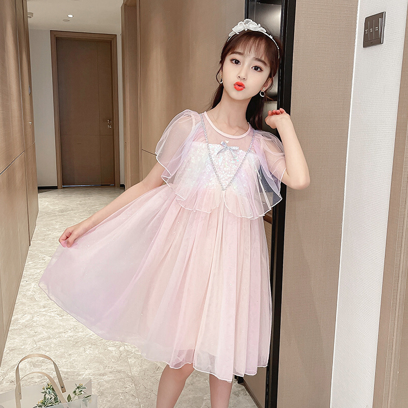 2021夏季新款彩虹渐变色公主裙中大童3812岁女孩网纱披肩甜美漂亮裙子