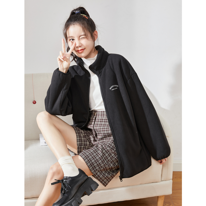 唐狮新款摇粒绒外套女春季开衫上衣春秋款短外套宽松潮_315068 M B款/黑色加厚款