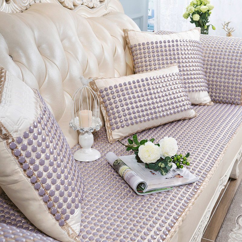 夏季陶瓷凉垫 客厅沙发凉席垫夏天款防滑欧式全包萬能套罩坐垫子 布艺+晶彩浅紫色 70*90高清大图